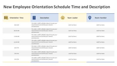 New Employee Orientation Schedule Time and Description PowerPoint Template
