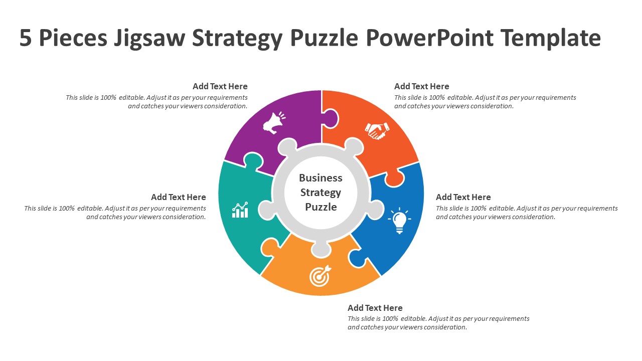 5 Pieces Jigsaw Strategy Puzzle PowerPoint Template PPT Templates