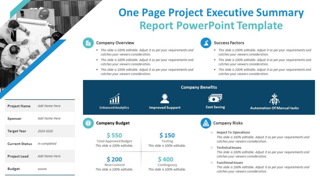One Page Project Executive Summary Report PowerPoint Template