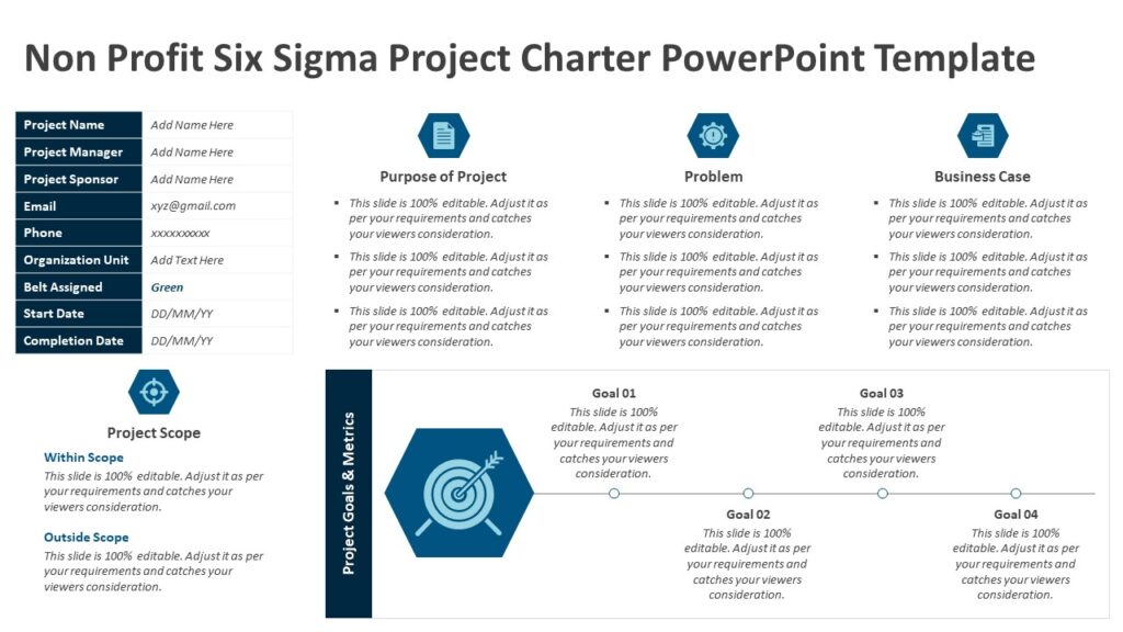 Non Profit Six Sigma Project Charter PowerPoint Template