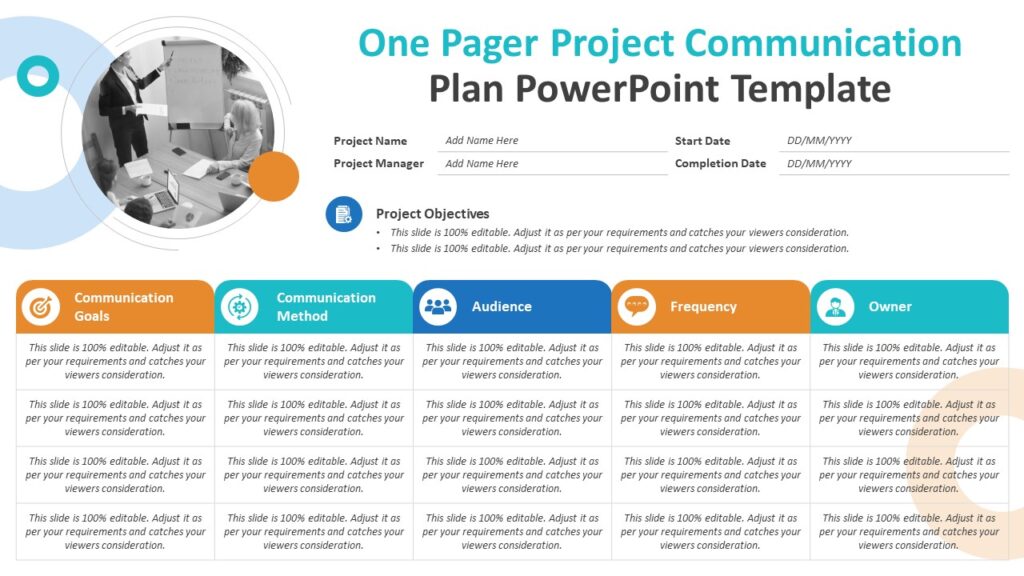 One Pager Project Communication Plan PowerPoint Template