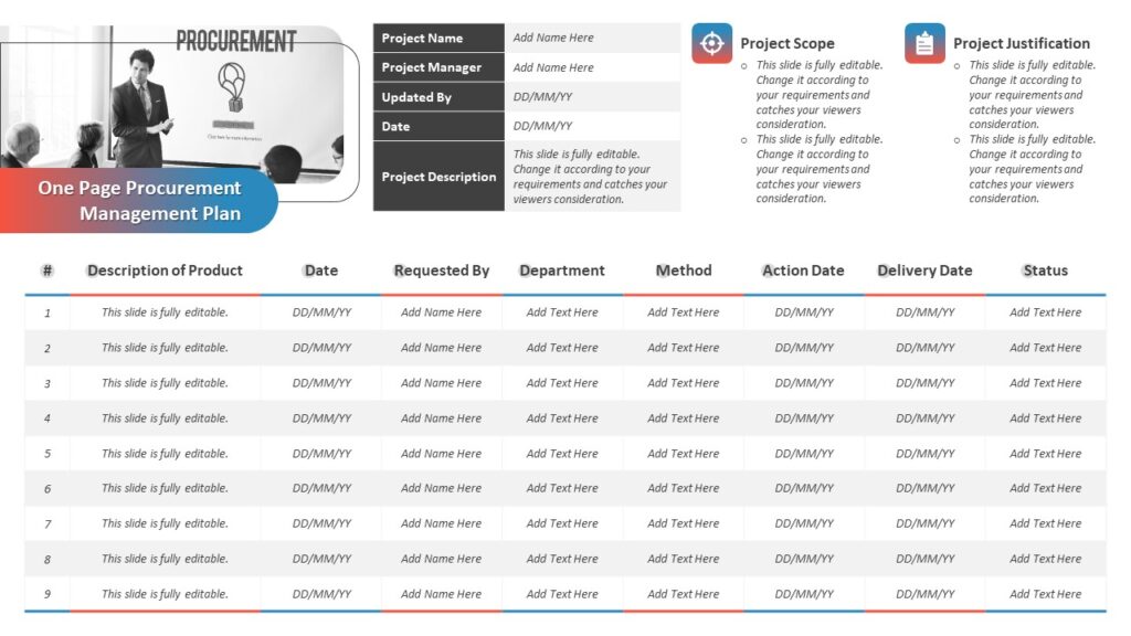 One Page Procurement Management Plan PowerPoint Template