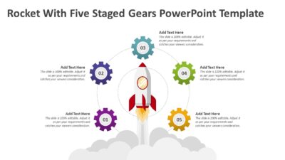 Rocket With Five Staged Gears PowerPoint Template