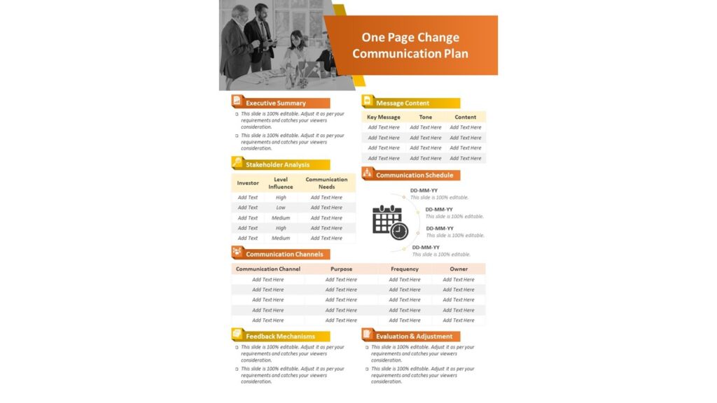 One Page Change Management Communication Plan PowerPoint Template