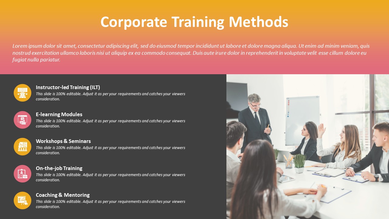 Corporate Training Methods PowerPoint Template to Show Training Approaches