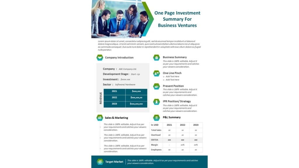 One Page Investment Summary For Business Ventures